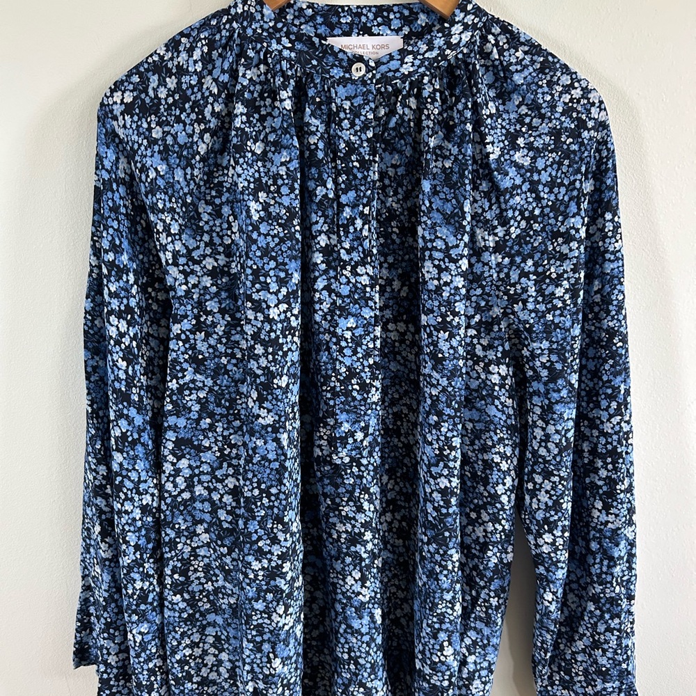 Michael Kors collection Blouse womens Medium Blue Long Sleeve Floral - Picture 8 of 10